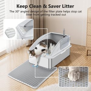 Bac à litière pour chat extra large en acier inoxydable avec côtés hauts, anti-fuite, non collant, ouverture supérieure, comprend un tapis et une pelle - Product Image 2