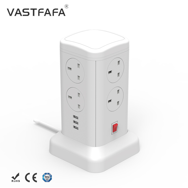 Vastfafa Tower 8 AC Port 15A 125V Extension Socket Surge Protector with 8 Outlets USB Output 5V 3.1A ABS+PC Material for Table