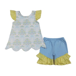 GSSO02767 RTS Vente en gros Ensemble de vêtements pour petite fille avec nœuds bleus et fleurs, tenue d'été à manches courtes pour enfant - Product Image 1