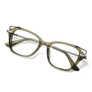 Rectangle Acetate Transparent Glasses Light Green Cat Eye Design Metal Glasses Frames Optical Glasses