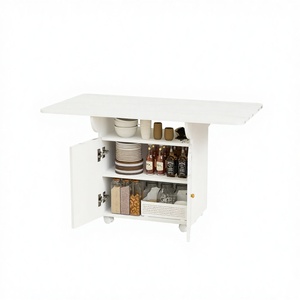 Modern <b>White</b> Marble <b>Folding</b> Dining <b>Table</b> with Wood Legs and 6-Wheel Storage Cabinet for Entryway Dining Room Furniture - Product Image 3