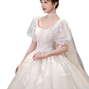 Forest Themed Light Wedding Dress Princess Waistline Square Collar Ball Gown Embroidered Lace Net Vintage <b>Floor</b> Length Long - Product Image 5