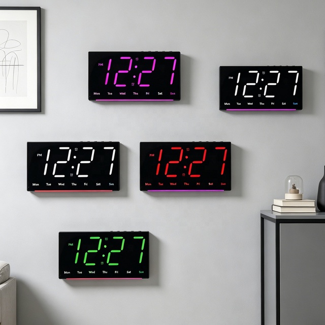 Digital Wall Mounted Colorful LED Dual Alarm Clock with Date Time Temperature Night Light Strip Snooze Backlight Home Decoration