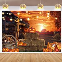Toile de fond photo pour boutique de bonbons d'Halloween, avec citrouille violette, balai de sorcière, décor de fête, bannière personnalisable