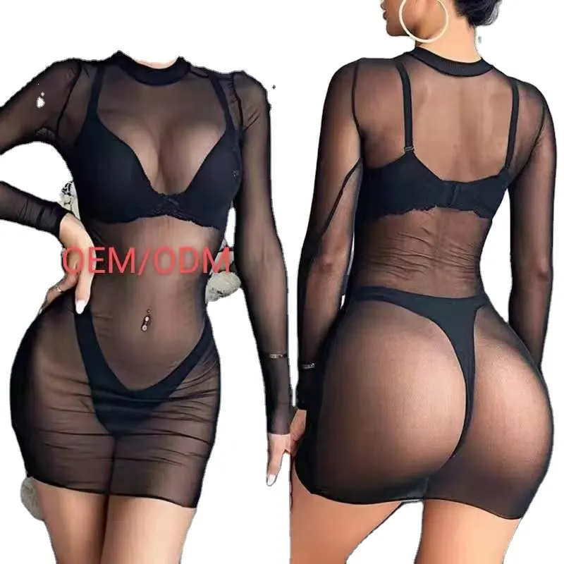 Custom Sexy Women Beach Dress Mesh Bathing Suit Cover Up Sheer Bikini Vestido Swimwear Clubwear Robe tan through swimwear fabric