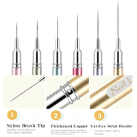 Ensemble de 6 pinceaux professionnels pour nail art à manche métallique effet œil de chat, ultra fins, pour gel, peinture, dessin, style pull pen, outil de manucure française