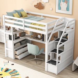 Lit mezzanine multifonctionnel en bois de pin blanc avec bureau, tiroirs et étagères de rangement pour enfants, adultes et personnes âgées - Product Image 1
