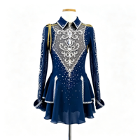 Robe de patinage artistique bleu marine avec strass, manches longues, pour enfants et adultes, pour compétitions sur glace et spectacles