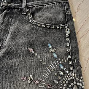 DENIM Custom Manufacturer Men's <b>Y2K</b> Rhinestone Distressed Acid Wash Baggy Jean Shorts <b>Vintage</b> Style with Light Wash Custom Logo - Product Image 2