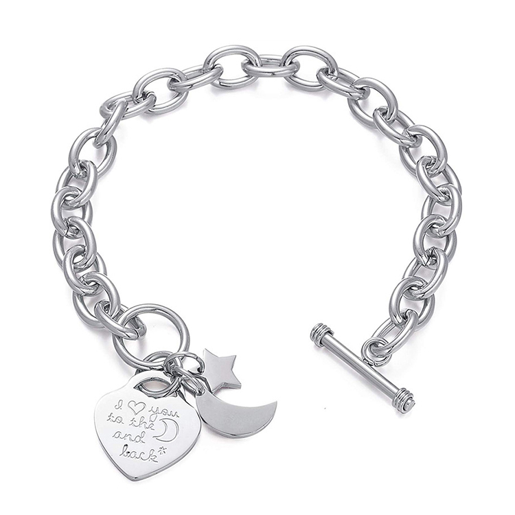 Mots gravés "Je T'aime à la Lune et Au Dos" et Coeur Étoile de Lune En Acier Inoxydable Charme À Bascule bracelet