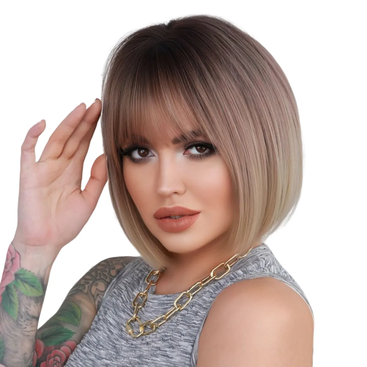 Ombre Blonde Bob Wigs With Bangs Synthetic Straight Bob Wigs For Women Natural Pink Blonde Short Hair Wig For Cosplay Party