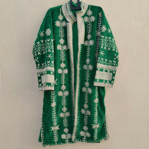 Elegant Women <b>Green</b> <b>Velvet</b> Suzani Long Jacket Floral Embroidered Full Sleeve Stand Collar Bohemian Ethnic Style Winter Outerwear - Product Image 1