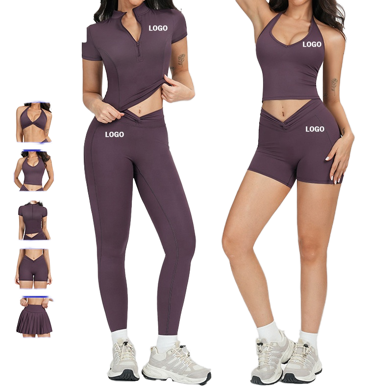 Custom Logo Women's 6-Piece Yoga Activewear Set Bra Vest T-Shirt Pleated Shorts Skirts Leggings Breathable Ropa Deportiva Mujer