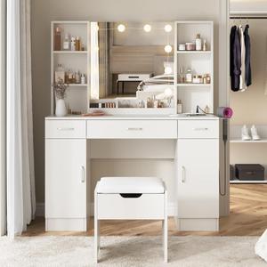Meja rias PHOENIX, meja rias kayu Modern dengan cermin dan laci berlampu untuk furnitur kamar tidur - Product Image 3