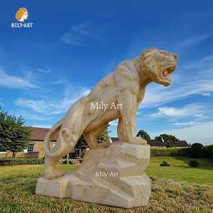 Estatuas de Tigre de Mármol Blanco Beige Talladas a Mano de Tamaño Real, de Piedra Natural para Exteriores, de Alta Calidad - Product Image 1