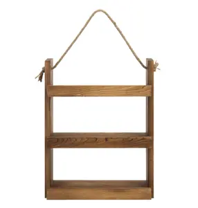 Escalera de madera de 3 niveles para baño o cocina, estante de almacenamiento colgante de pared con cuerda rústica, color marrón oscuro