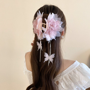 <b>Sweet</b> Mesh <b>Flower</b> Butterfly Tassel Hair Claw For Women Wedding Decorate Accessory - Product Image 6