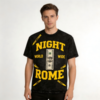 T-shirt Homme Noir Délavé Vintage Épais avec Impression DTG Motif Dollar, Coupe Oversize Streetwear Hip Hop en Coton à Manches Courtes