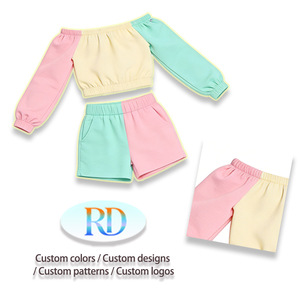 Abbigliamento OEM per <span class=keywords><strong>Bambini</strong></span> per Vacanze, Top <span class=keywords><strong>con</strong></span> Spalle Scoperte 96% Cotone + Pantaloncini, Completo Bambina Estivo Casual Personalizzato <span class=keywords><strong>con</strong></span> Blocchi di Colore - Product Image 4