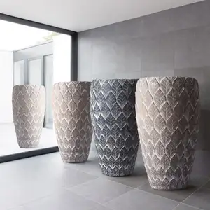 Alta qualidade Rodada franja casa decorativa fibra argila potes, Custom grande atacado fibra de vidro Flower Pots plantadores