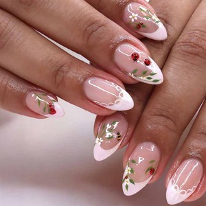 <span class=keywords><strong>Uñas</strong></span> postizas francesas con diseño <span class=keywords><strong>de</strong></span> fresa y almendra, estilo INS, tamaño mediano, para manicura europea y americana. - Product Image 1