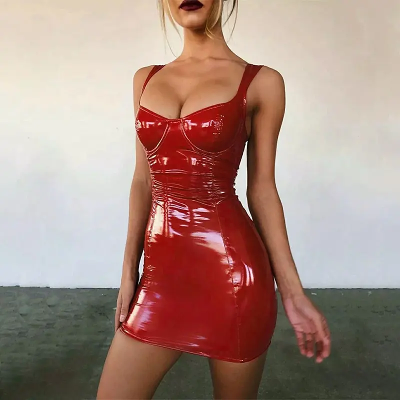 Womens Black Club Mini Dresses Shiny Faux Leather Skirt Red Pu Tank Top Nightclub Outfits Wrap Dress Summer Clothes