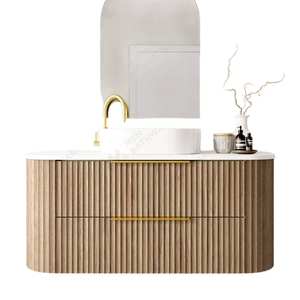 Mueble de baño de pared a rayas de roble moderno <span class=keywords><strong>Myn</strong></span> de madera maciza con acabado de laca para inodoro y lavabo de cerámica - Product Image 1