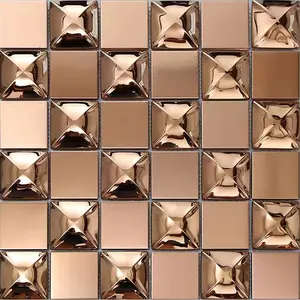 Metal Backsplash Tiles Stainless Steel Sheet and Crystal Glass Blend Mosaic Wall Decor Rose Gold