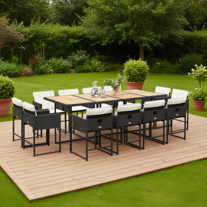 Ensemble de salle à manger de jardin 12 pièces en rotin noir et teck avec coussins crème, mobilier d'extérieur au design contemporain résistant aux intempéries - Product Image 2