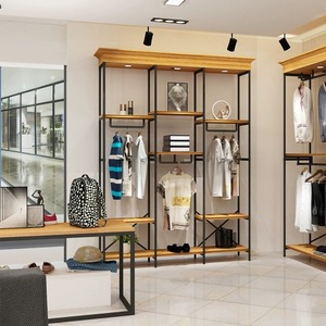 Présentoir de vêtements Vintage en bois massif centre commercial métallique haut de gamme étagères pour hommes vitrine conception suspendue au sol - Product Image 4