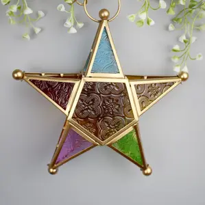YJL wholesale metal home Decoration candle holder star shape colorful glass lantern wall hanging for party decoration