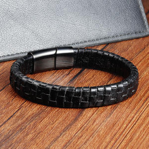 Desain baru kualitas tinggi perhiasan pria mewah gesper magnetik dikepang antik gelang kulit kancing hitam pria - Product Image 2
