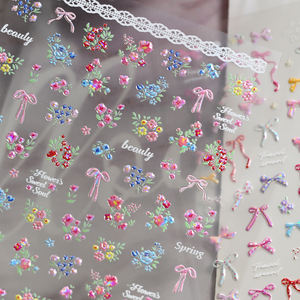 Pegatinas 5D en relieve de flores primaverales para uñas, calcomanías coloridas de lazos y flores para manicura, calcomanías iridiscentes de lazos para uñas. - Product Image 6