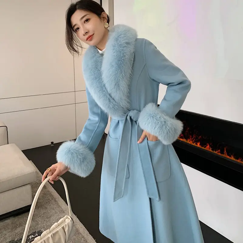 Double Sided Wool Overcoat Sheep wool cashmere fur coat with real fox collar women's coats
