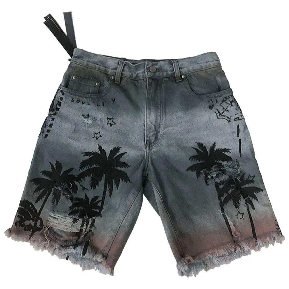 Summer Custom Design 100% Cotton Men's Coconut Palm Pattern Printed Vintage Ripped Plus Size Denim Jeans Shorts