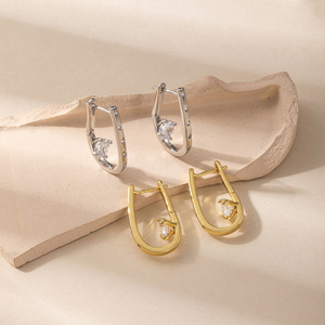 Pendientes de Aro en Forma de U, Aleación de Cobre Blanco Dorado, Diseño de Flor con Circonita, Regalo, Joyería de Moda - Product Image 1