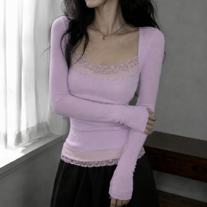 Pure Gentle Ruffle Color Block <b>Square</b> <b>Neck</b> Slimming Knit <b>Long</b> <b>Sleeve</b> Comfort Versatile New Hot Girl <b>Top</b> for Women - Product Image 5