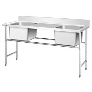 Fabrication et assemblage de mobilier de cantine scolaire en acier inoxydable 201 304, table de travail avec 2 éviers - Product Image 1