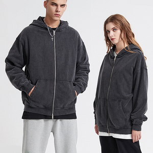Sweat à capuche zippé en laine épaisse 420g, 100% coton, style rétro vieilli, bords déchirés, coupe ample, effet délavé à l'acide - Product Image 3