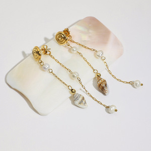 Drop <b>Earrings</b> With Pearl And Shell Beads <b>Gold</b> Plated Chain Long <b>Dangle</b> Party Jewelry - Product Image 2