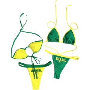 FOXA Ensemble de bikini pour femme avec drapeau du Brésil, maillot de bain 2 pièces, haut triangle dos nu et bas string, avec bordure contrastante, en Spandex extensible et Polyester - Product Image 1