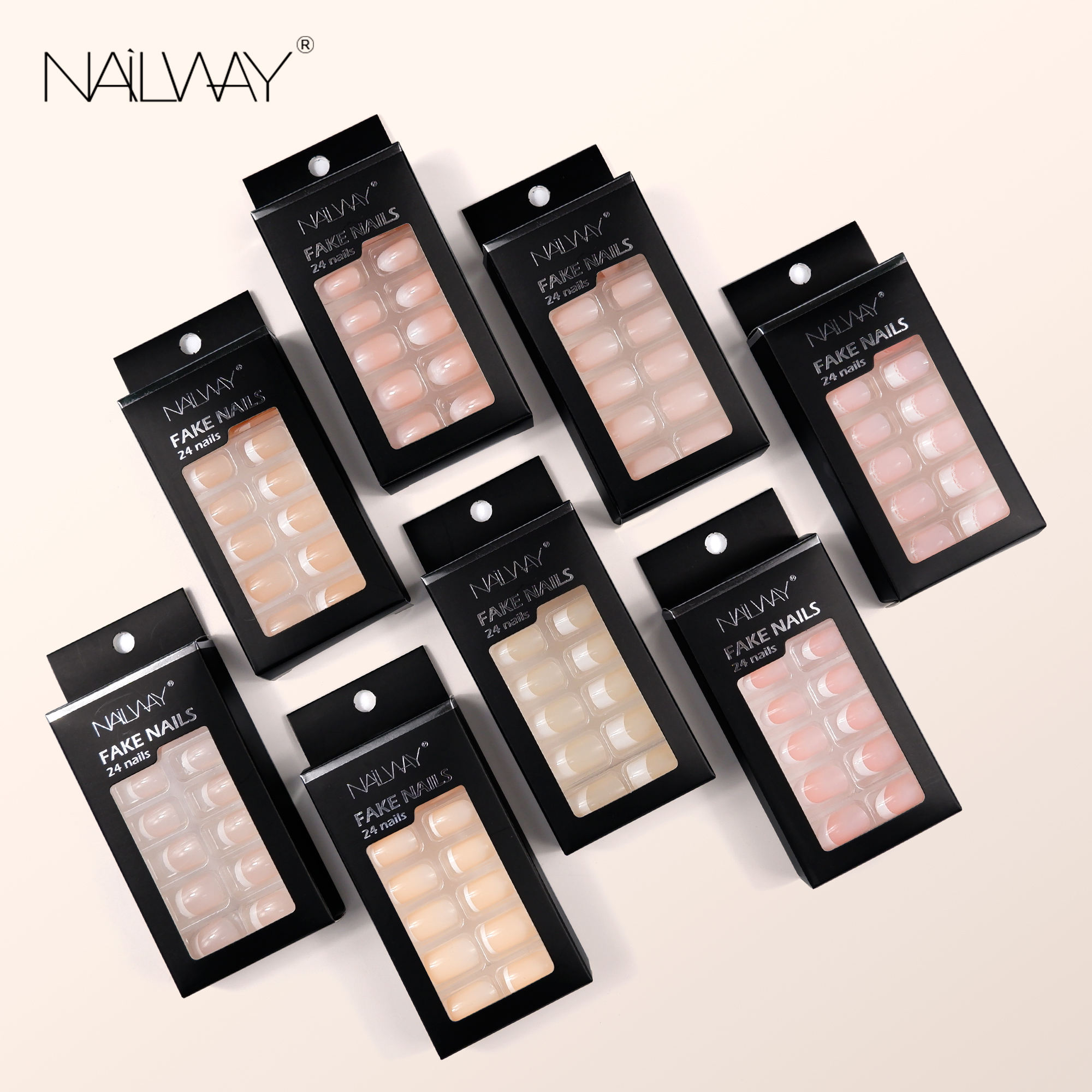 Acrylic Full Cover Reusable 24 Pcs Short Square Glossy Ombre Nude Press on Fake Nails for Women and Girls