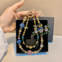 Breloque de téléphone de luxe en forme de famille de hiboux, ornée de perles, avec cristaux multicolores et dorés, porte-clés et pendentif de sac, fait main, vente en gros