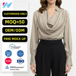 Chemisier en satin pour <span class=keywords><strong>femme</strong></span> à manches longues et col drapé, élégant, pour le bureau, idéal pour l'été, personnalisable - Product Image 1