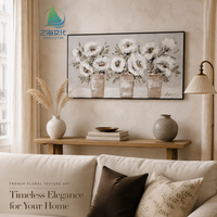 Tableau floral impasto sur toile, nature morte, trois vases, 60x120cm, fleurs blanches, pour décoration de salon, décoration murale, prêt à accrocher