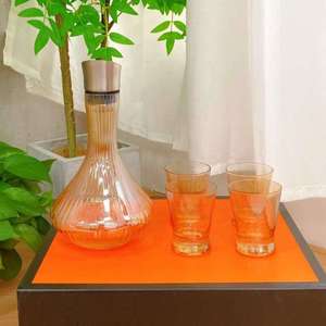 Amber Glass Decanter and Cup Set 5 Pieces Ribbed Design Drinkware Set Gifts for Whiskey and Home Bar Packing <b>Box</b> Sets - Product Image 4