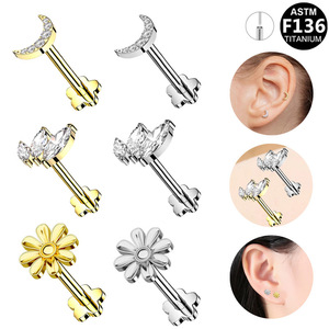 <b>Titanium</b> Plated Flower Moon T Bar Stud Earrings For Ear Bone Piercing Unisex Daily Wear ASTM F136 <b>Titanium</b> - Product Image 1