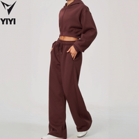 Ensemble de survêtement décontracté 2 pièces pour femme, marque privée, avec sweat à capuche court zippé et pantalon de survêtement large à cordon de serrage