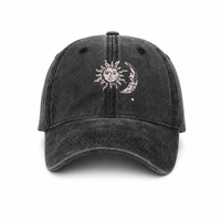 Casquette de baseball en coton lavé avec broderie céleste Soleil Lune, visière incurvée réglable, boucle métallique, vente en gros, logo personnalisé