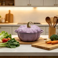 Cocotte en fonte émaillée verte en forme de citrouille avec bouton doré, antiadhésive, pour cuisson domestique, compatible induction et four